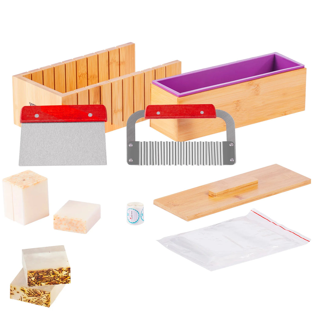 SucceBuy Soap Making Kit, Bamboo Cutting Box and Inner Box with Silicone Mold, 304  Stainless Steel Straight Cutter and Wavy Cutter