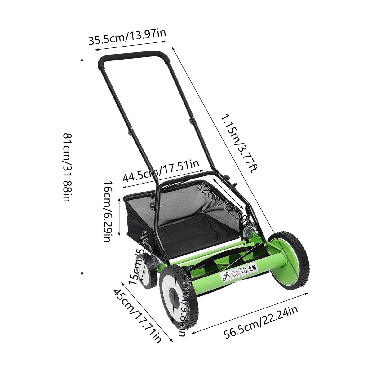 Bymaocar 16 Inch Manual Push Reel Lawn Mower 5-Blade Cordless Lawn Mower with 4 Wheels and Removable Grass Catcher for Home Garden Yard