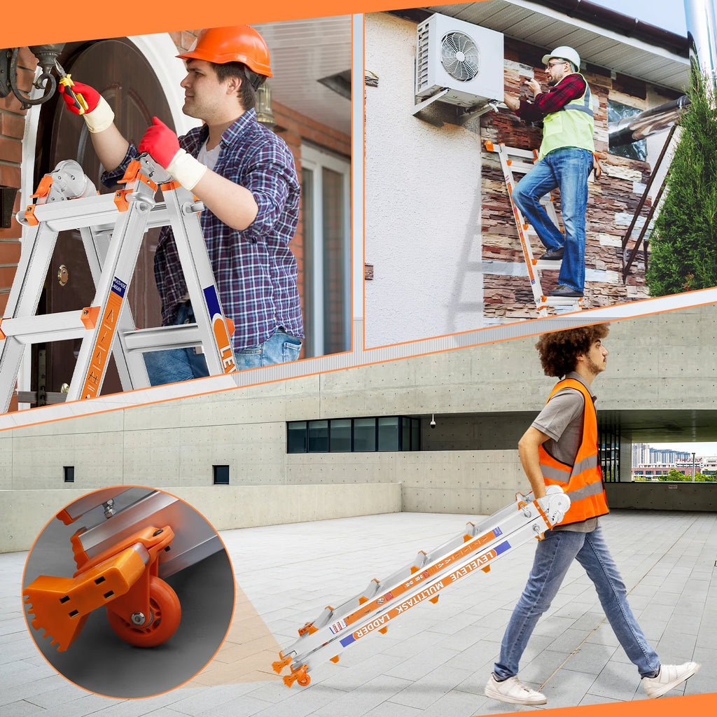 LEVELEVE 22FT Multi Position Ladder,A Frame 6 Step Ladder with Stabilizer Bar & Wheels,330 lbs Security Load