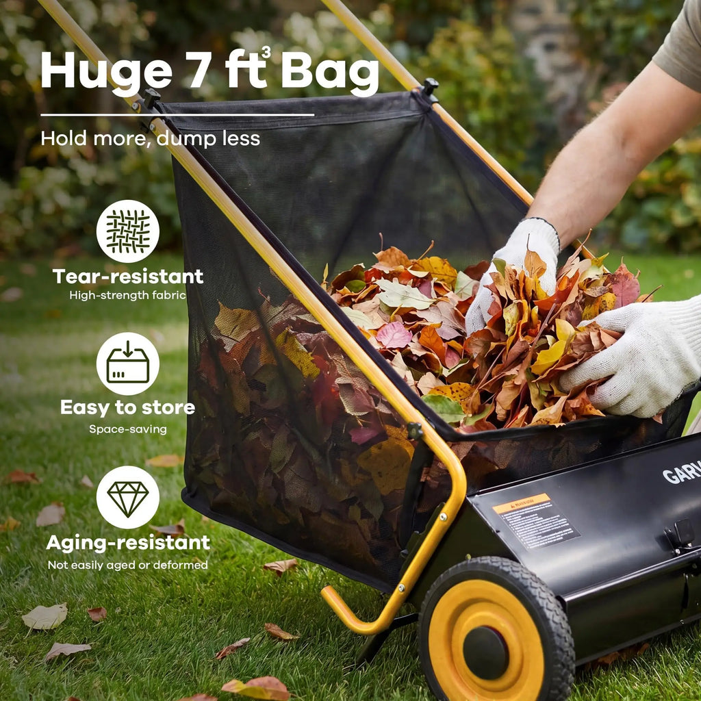 HiMiss Push Lawn Sweeper 26in Leaf & Grass Collector, 7 Cu.Ft Hopper Bag With Cover, Adjustable Brush Height, Steel Yard Sweeper