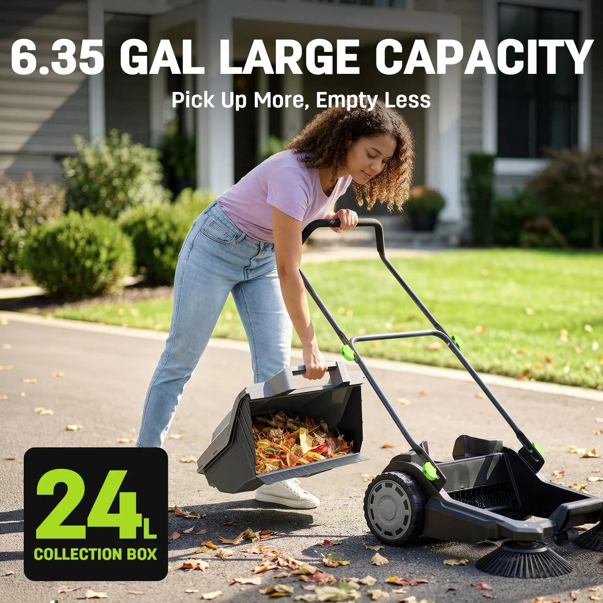 Deli AZDG934 Walk Behind Hand Push Floor Sweeper 26.8 Inch Manual Sweeper with 6.35 Gallon Waste Catcher, Folding Handle for Patio Walkway Yard