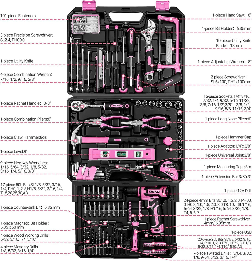 Home Mechanic Toolbox, 12V Power Cordless Drill, Hand Repair Tools Sets, Organizer Drawer Case