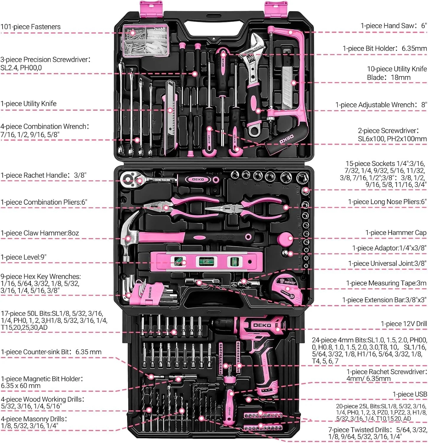 Home Mechanic Toolbox, 12V Power Cordless Drill, Hand Repair Tools Sets, Organizer Drawer Case
