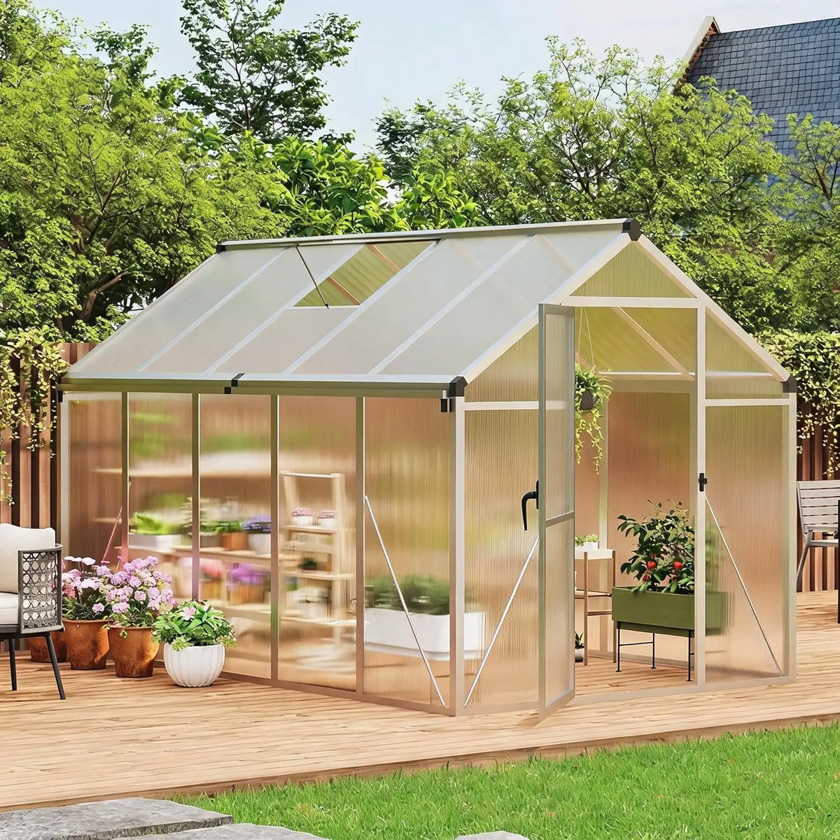 HiMiss 6x10 FT Polycarbonate Greenhouse For Outdoors, Aluminum Walk-In Greenhouse With Roof Vent & Lockable Door For Garden Backyard