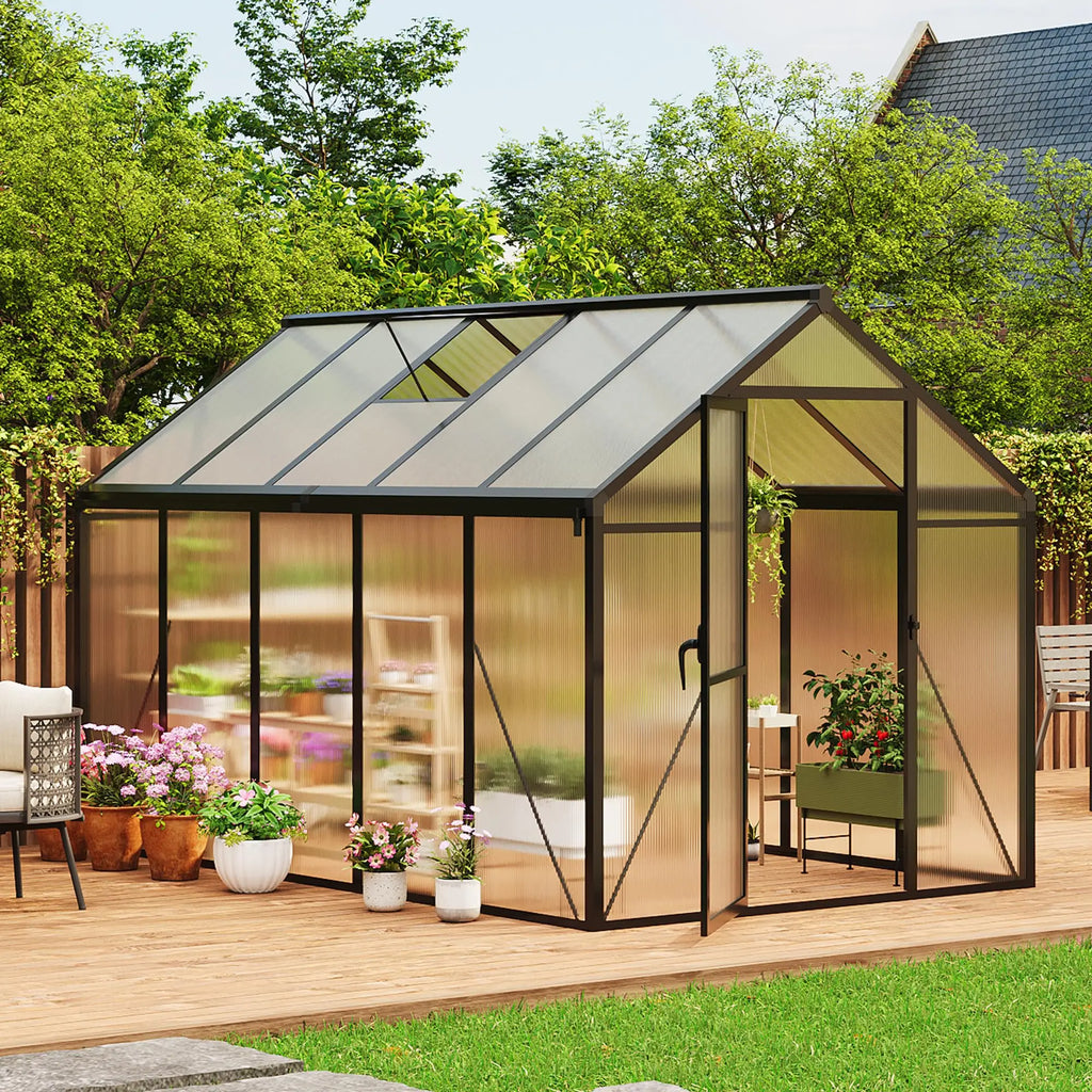 HiMiss 6x10 FT Polycarbonate Greenhouse For Outdoors, Aluminum Walk-In Greenhouse With Roof Vent & Lockable Door For Garden Backyard