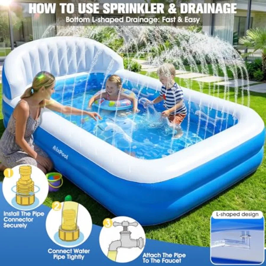 2026 AixPool Inflatable Pool with Sprinkler, Durable Blow-up Pool with Big Backrest, Rectangle Pool Backyard, Swimming Pool, Small Infl