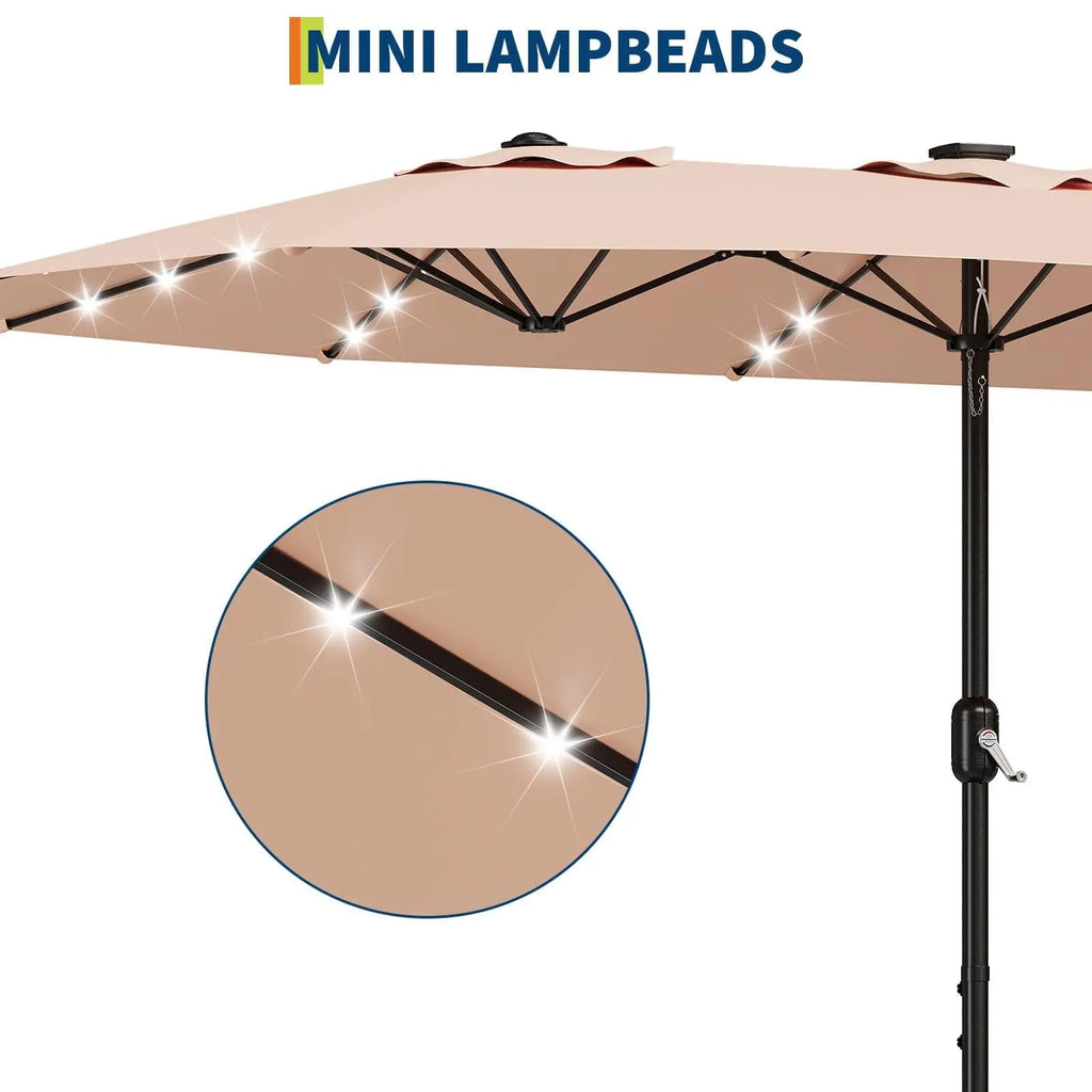 15Ft Outdoor Patio Umbrella, Umbrella With Solar LED Lights & Base, Large Rectangle Sunshade W/Crank Handle, UV Protection For Pool/Lawn