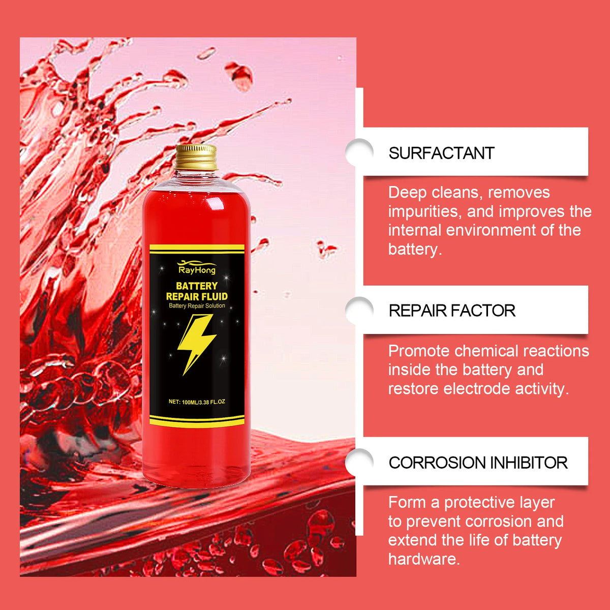 RayHong Concentrated Safe Car Battery Restore Refill Solution Auto Lead Acid Battery Additive Repair Fluid Reconditioning Solution Corrosion Inhibitor Dispersant Car Accessories 100ml