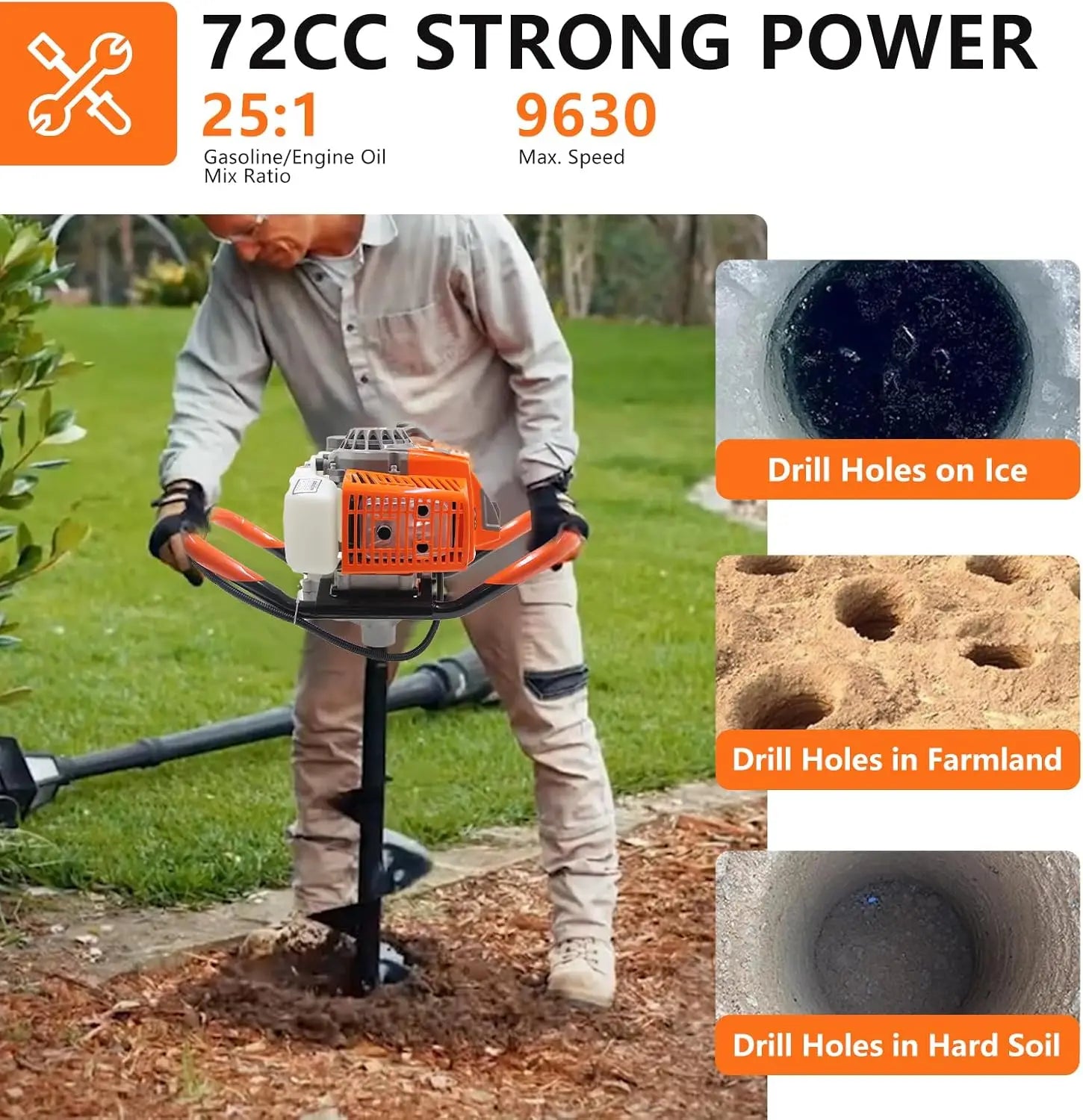72CC Auger Post Hole Digger, 2 Stroke, Gas Powered, 2 Drill Bits 6" & 8", Plus 1 Extension Rod
