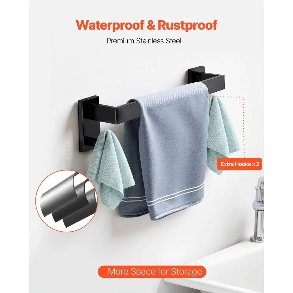 Matte Black Bathroom Hardware Set 5 Pieces Stainless Steel Towel Bar Rack 16 Inch Towel Holder 2 Robe Hooks Toilet Paper Holder Wall Mounted Bathroom Accessories