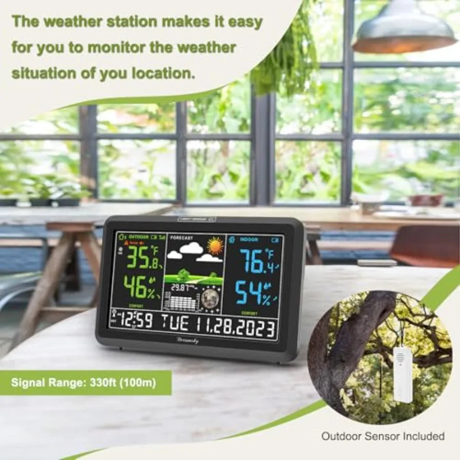 Weather Station Indoor Outdoor Thermometer Wireless with Digital Atomic Clock for Home, Large Display with Dimmer, USB Port, In
