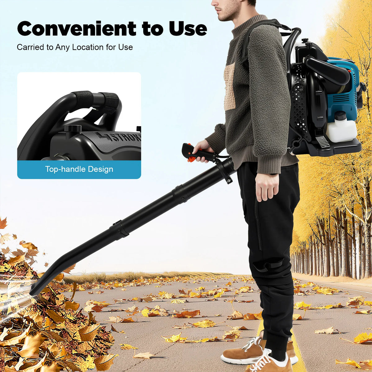Bymaocar 75.6CC Backpack Leaf Blower, 4-Stroke Garden Gas Powered Leaf Blower, Powerful Blowing Low Fuel Consumption, 2600W for Leaf Sweeping, Lawn Cleaning