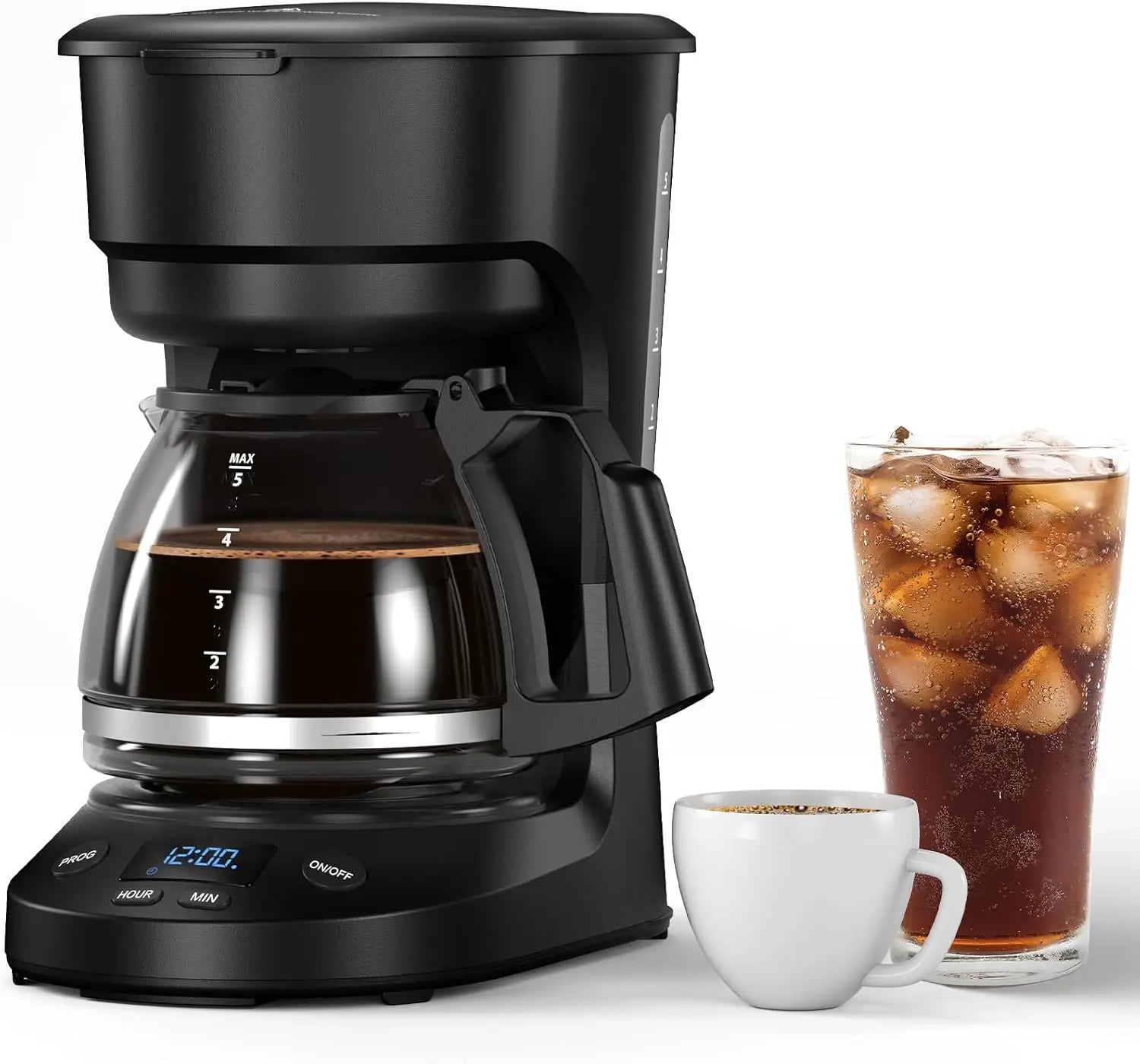Compact Coffee Machine,5 Cup Drip Coffee Maker with Timing Function,2H Auto Power-off, 2H Keep Warm, Pause & Serve, Reusable Filter