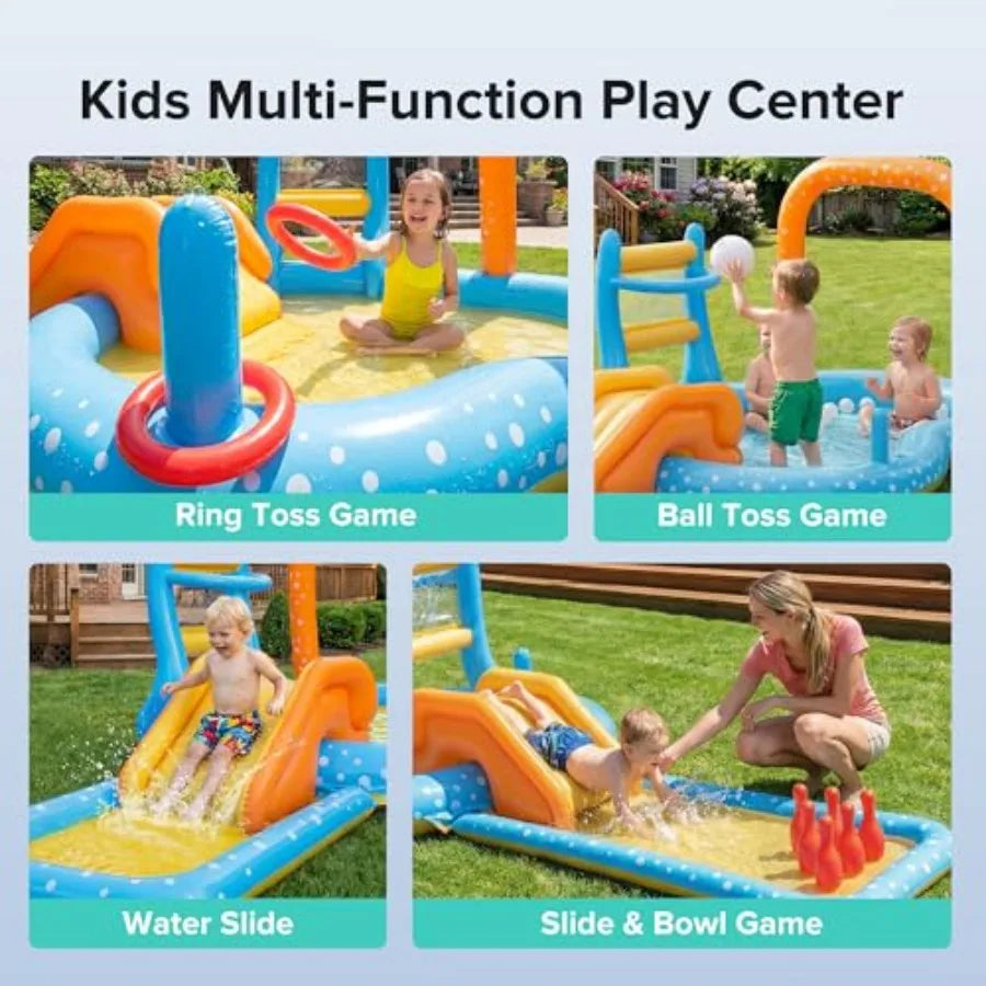 Outdoor backyard inflatable kiddie pool with slide for toddlers PVC material blue and yellow quick-inflate design and splash pool Kiddie Pool With Basketball hoop