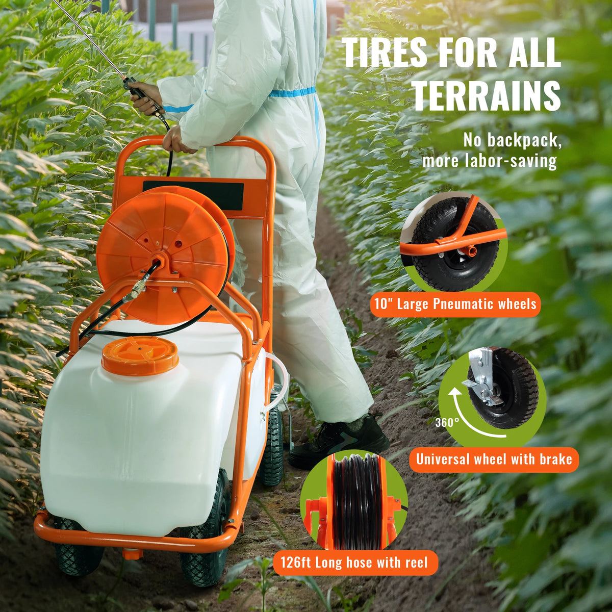 SucceBuy Battery Powered 15 Gal Garden Weed Sprayer with Wheeled Cart, 126FT Hose with Reel 8 Nozzles 2 Wands with Lock for Crop