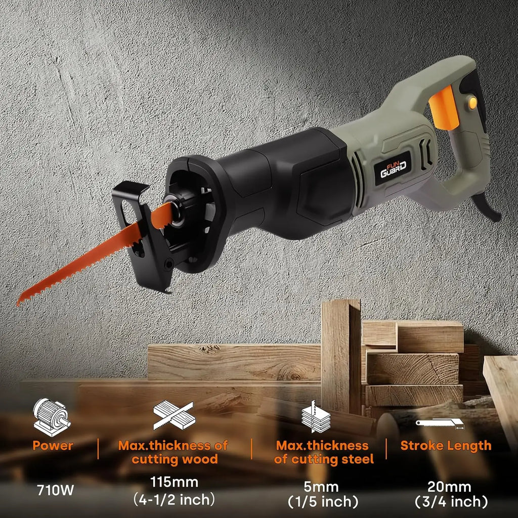Reciprocating Saw, 710W, 2800 RPM Variable Speed, Tool-Free Blade Change, 20mm Stroke Length, 6pc Blades for Wood, Soft Metal, PVC Pipe Cutting