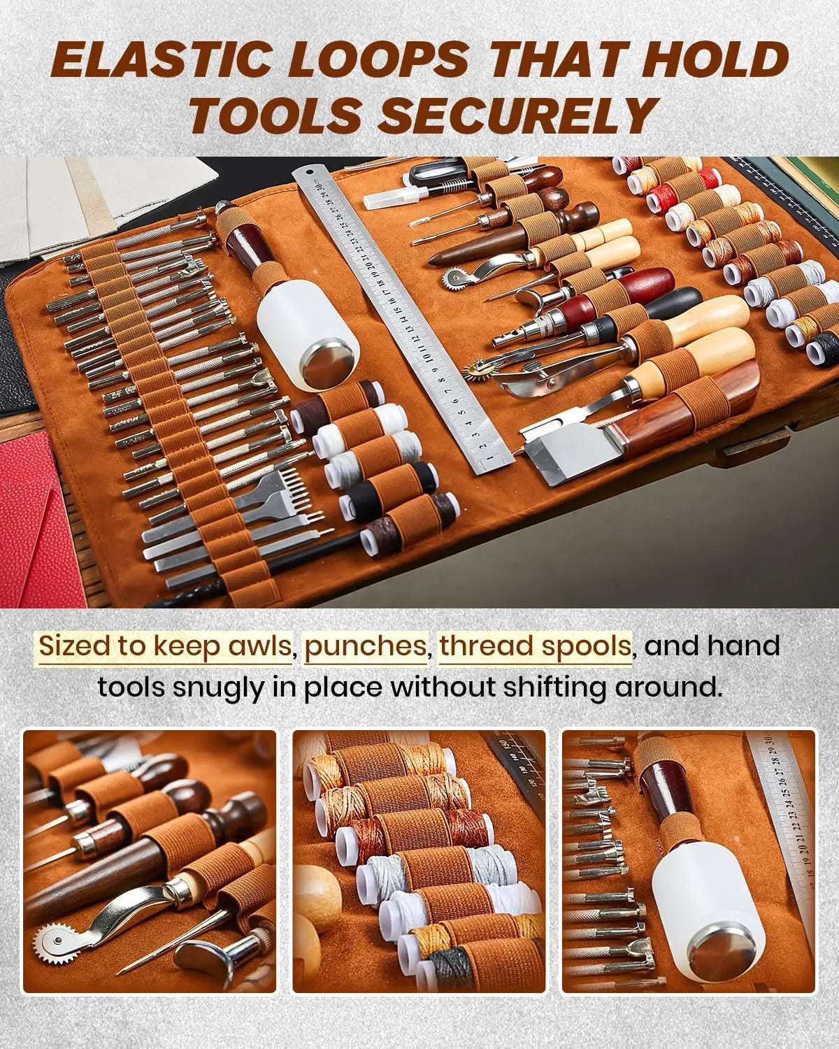 Sakerneo Leather Working Tools kit Max Version with Custom Handbag Cutting Mats Engraving Punching Sewing Stamping Sanding Tools for Handicraft Work, Repair