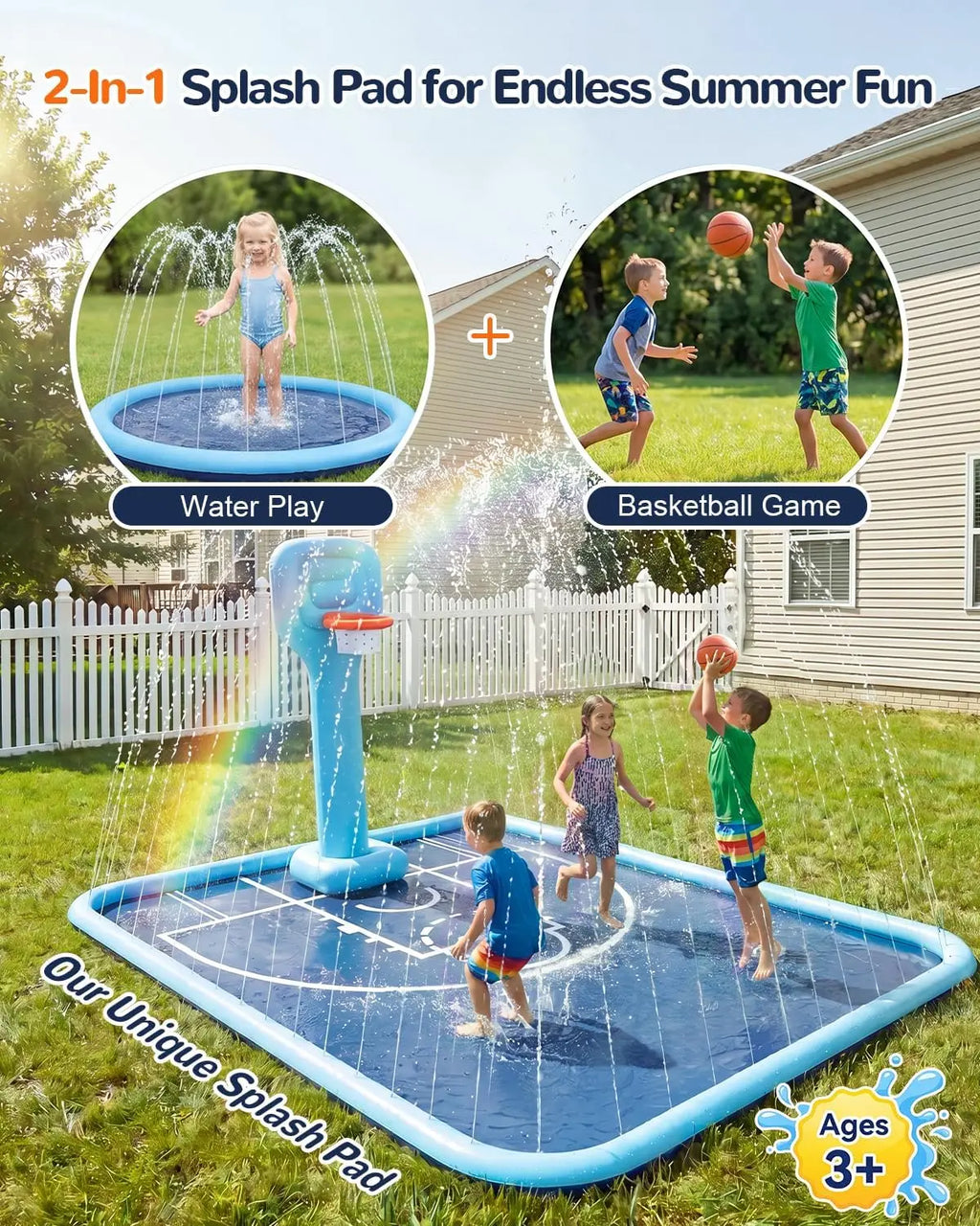 Qmioti Kiddie Sprinkler Pool PVC Material Large Size Non-Slip With Basketball Hoop Summer Blue