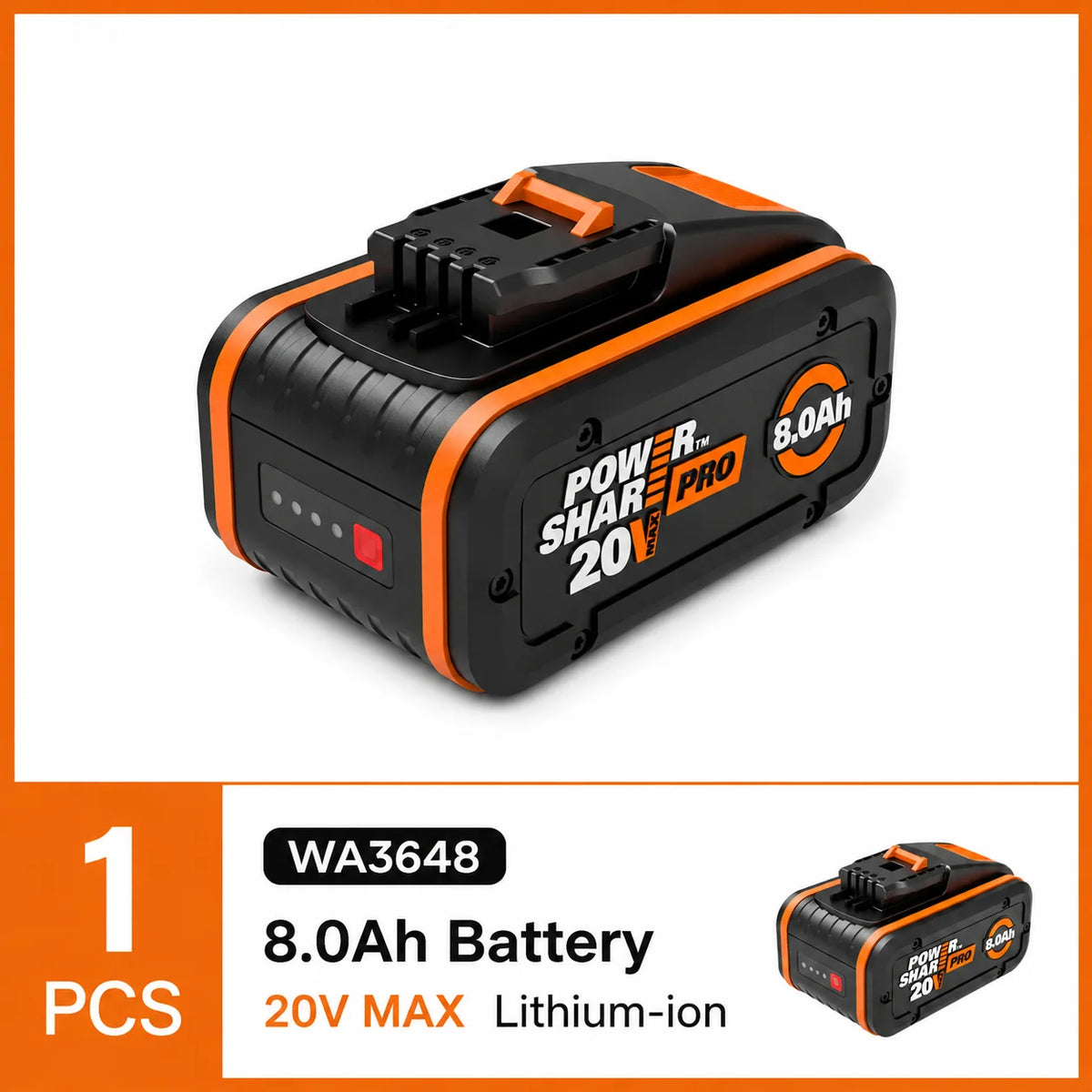 100% Original Worx 20V 8.0Ah Lithium Battery, Rechargeable WA3553 WA3551 WA3553.1 WA3570 for All WORX Electric and Garden Tools
