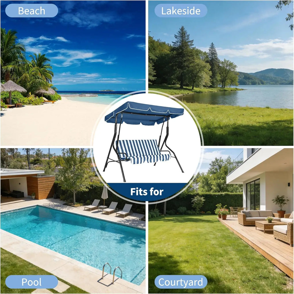 Outdoor Swing Chair with Adjustable Canopy, 3 Seat Stable Metal Frame Porch Swing Heavy Duty Stand Swing for Backyard Patio Lawn, Available in Red or Green