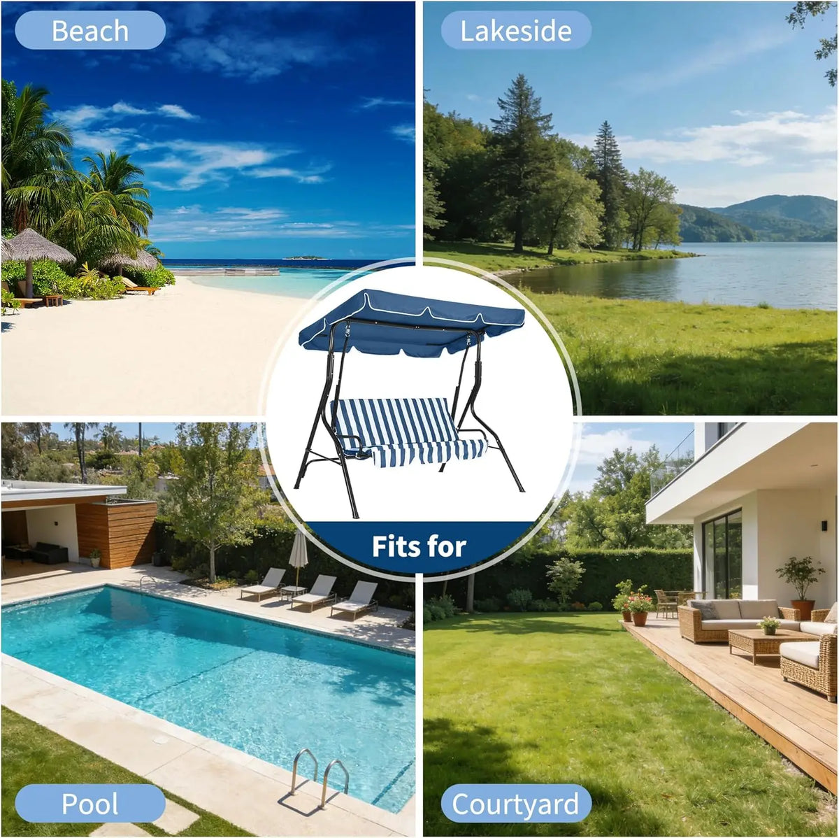 Outdoor Swing Chair with Adjustable Canopy, 3 Seat Stable Metal Frame Porch Swing Heavy Duty Stand Swing for Backyard Patio Lawn, Available in Red or Green