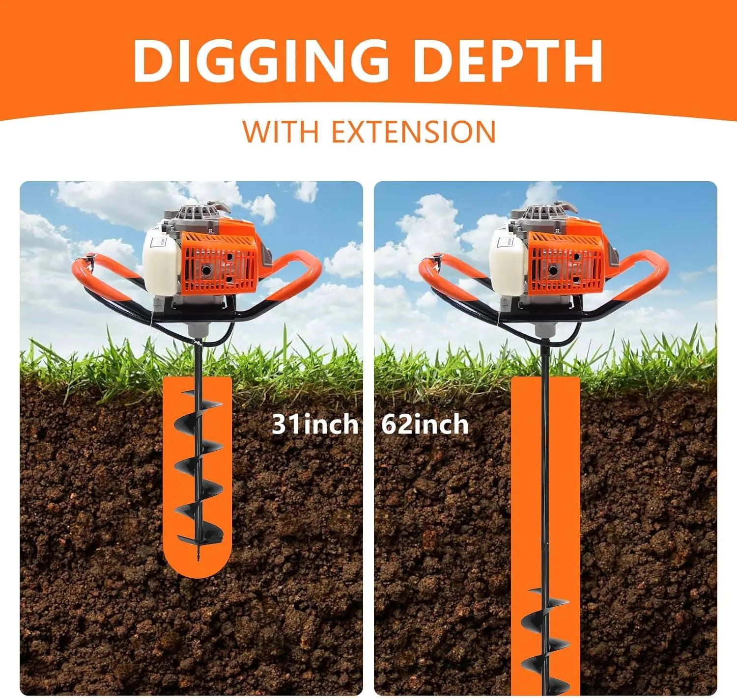 72CC Auger Post Hole Digger, 2 Stroke, Gas Powered, 2 Drill Bits 6" & 8", Plus 1 Extension Rod