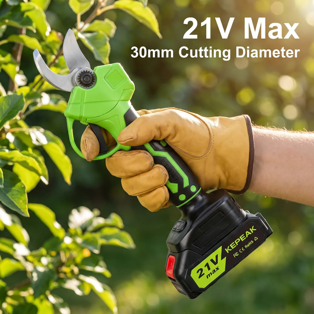 Kepeak Green Cordless Electric Pruner Tree Branch Cutter SK5 Sharp Blade 1.18 Inch Cut 10 Cells Two Batteries One Charger 13000mAh Rechargeable Battery 60 Min Fast Charging Lightweight Ergonomic For Orchard Garden Farm Prunin