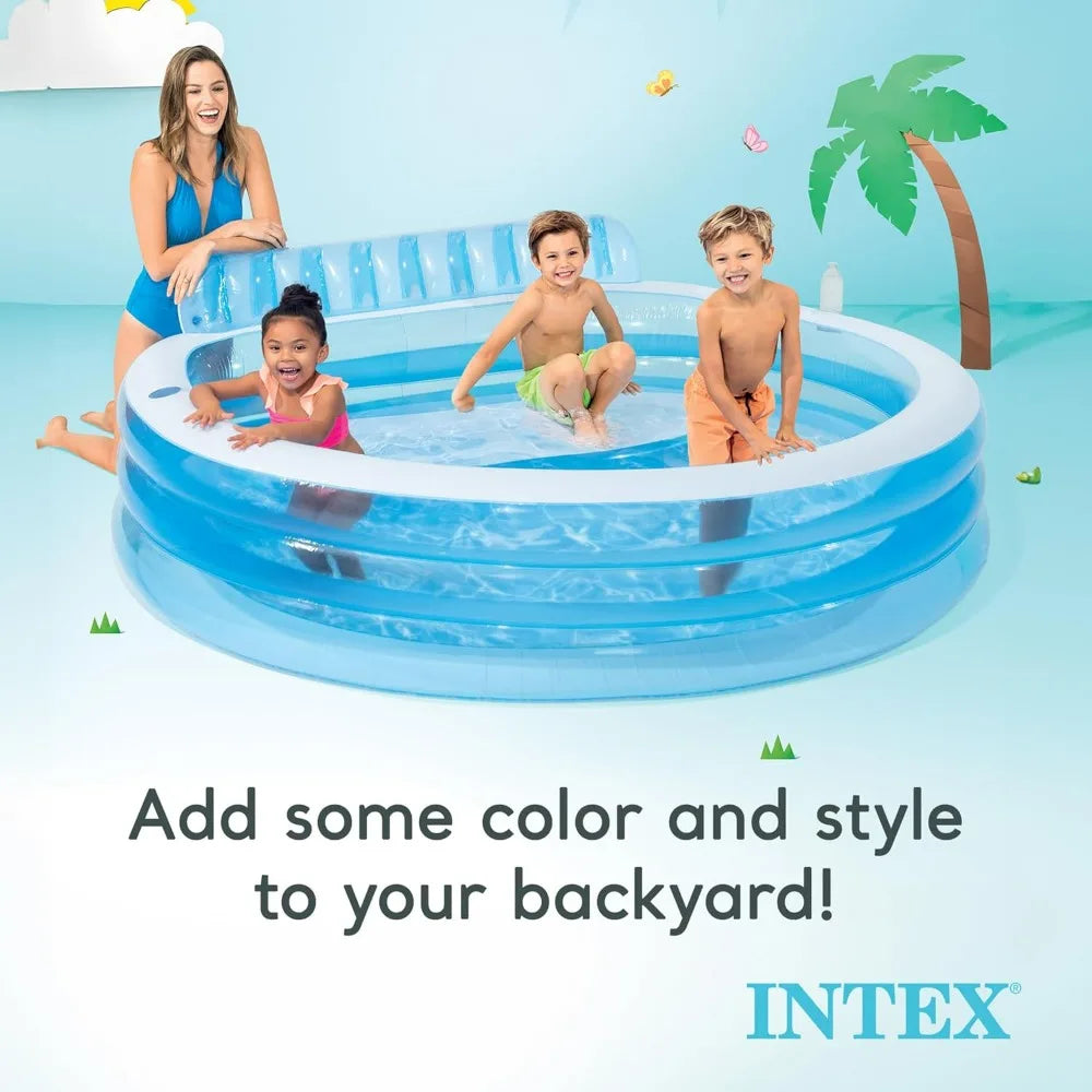 Intex Swim Center Inflatable Family Lounge Pool, 90"x86"x31" Blue, 156 Gallon Capacity Swimming Pool with Built-in Bench Cup Holder, Outdoor