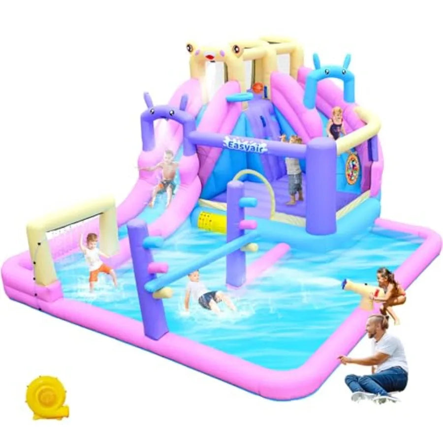 Yao Hui Huang Backyard inflatable bounce house water slide combo: PVC blue/pink/purple/yellow includes climbing wall, basketball hoop, splash pool, water cannon and blower