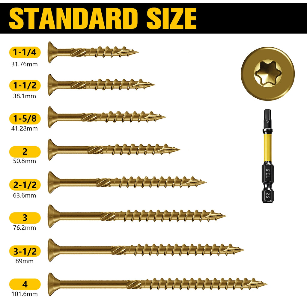 VKKM 200Pcs #8 Torx Wood Screws Kit, Star Drive Self Tapping Outdoor Deck Screws, Heavy Duty All Weather Rust Resistant with Bit for Home DIY