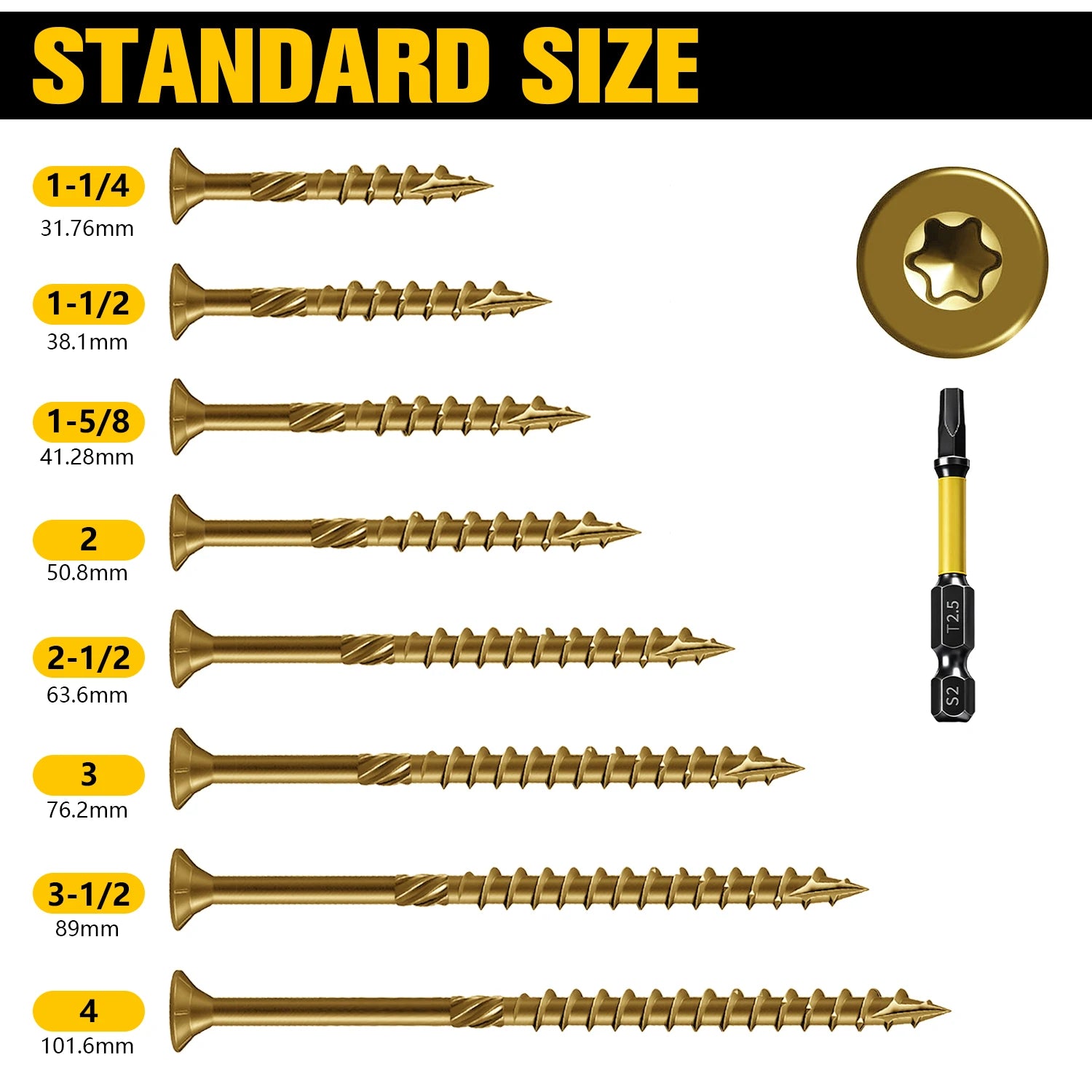 VKKM 200Pcs #8 Torx Wood Screws Kit, Star Drive Self Tapping Outdoor Deck Screws, Heavy Duty All Weather Rust Resistant with Bit for Home DIY