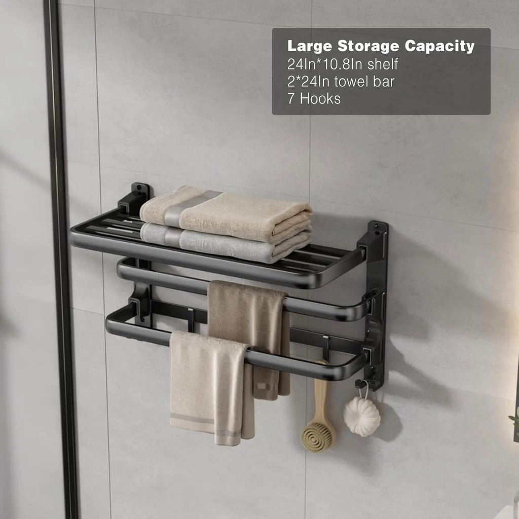 Voldra 24-Inch Towel Rack, Bathroom Towel Shelf with 2 Towel Bar Towel Holder with 7 Hooks Towel Storage Organizer for Bathroom & Lavatory Wall Mounted