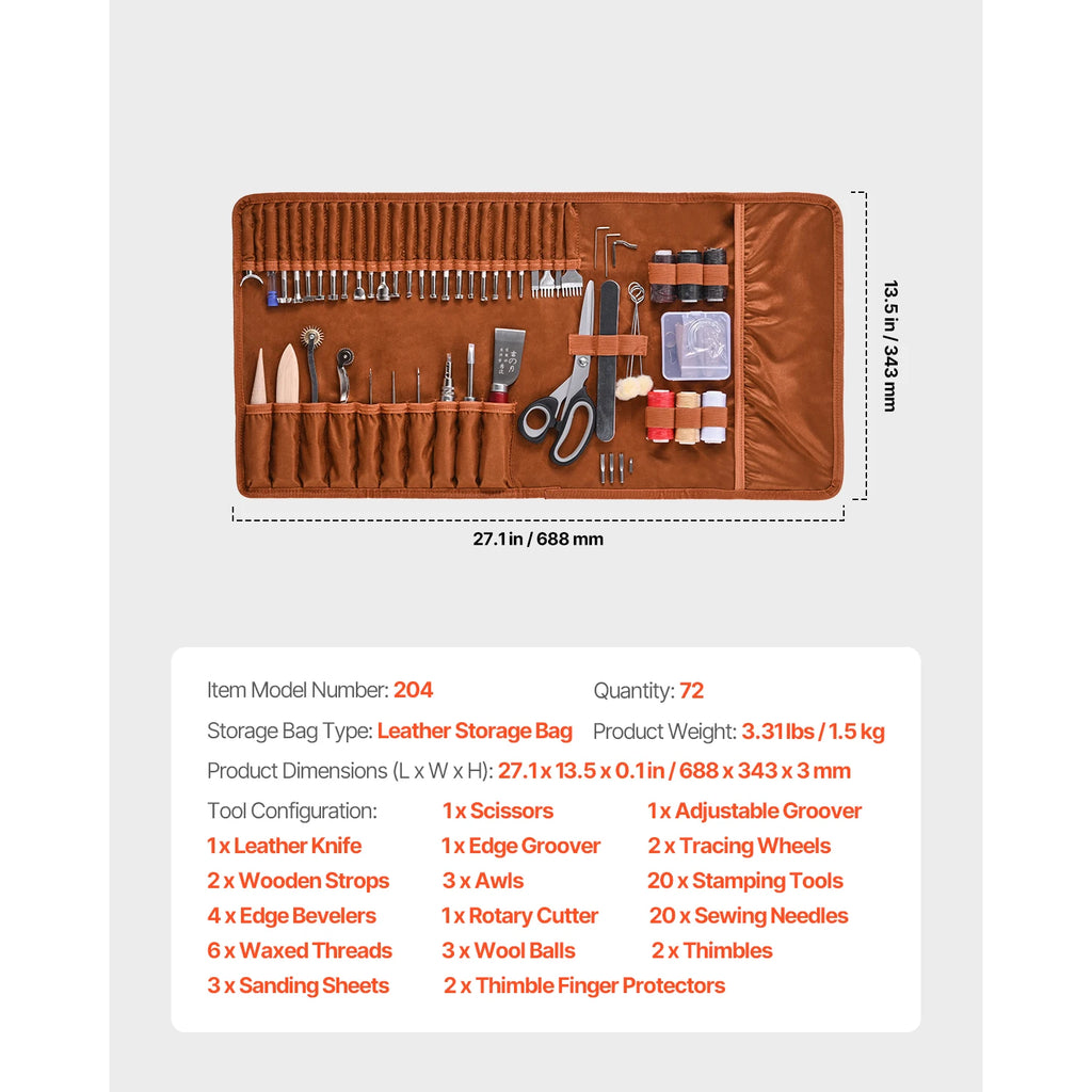 SucceBuy 59/61/72 PCs Leather Working Tools Kit, Leathercraft Tools w/Storage Bag, Engraving Punching Sewing Stamping Tools