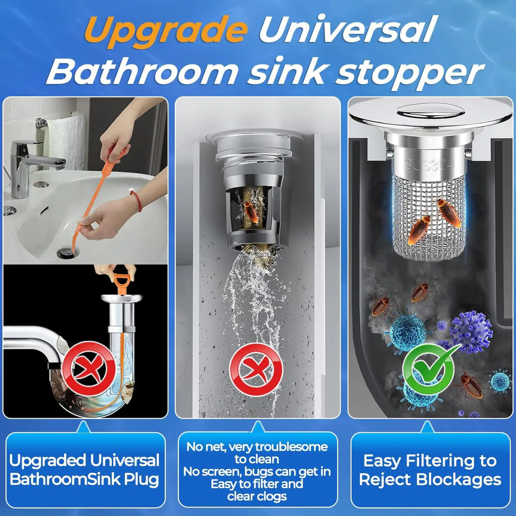 Bathroom Sink Drain Strainer - Pop-Up Filter with Removable Stainless Steel Hair Catcher & Drain Stopper for US Sink Replacement