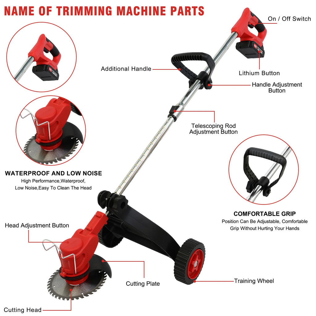 Electric Cordless Grass Trimmer Lawn Mower Weed Edger Brushles Cutter 24V 2x5C 1.5Ah Lithium Battery Charger for Yard Garden