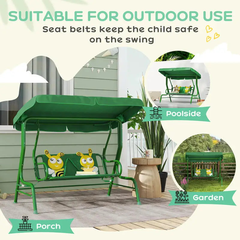 Kids Patio Swing Chair with Adjustable Canopy, Safety Belt for Patio, Garden, Poolside, Balcony, Dark Green