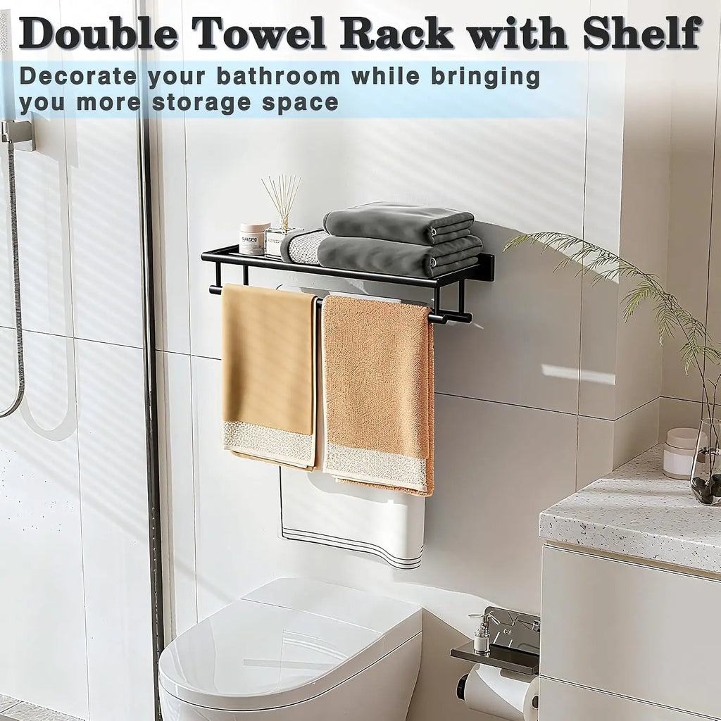 Alise Double Towel Rack for Bathroom Wall Mounted,24 Inch Bathroom Tower Holder Black Towel Rack with Double Towel Bars, Stainless Steel Towel Bar Towel Rack with Shelf, Matte Black