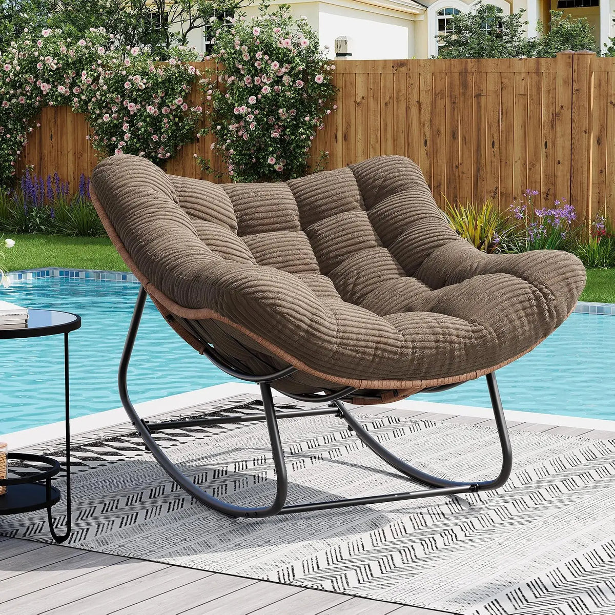 Oversized Outdoor Rocking Chair, Metal And PE Rattan Frame With Cushion, 400LBS Capacity Gentle 30 Degree Rocking Comfort, Ideal For Patio Garden Or Living Room