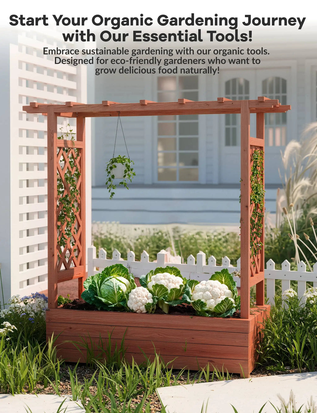 Wooden Raised Garden Bed with Trellis/Canopy/Drainage Hole Freestanding Planter Box for Climbing Plants Vines Blossoms