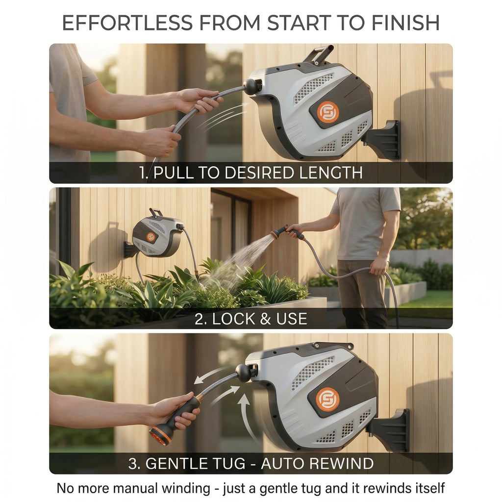 SUNPOW Retractable Wall Mounted Garden Hose Reel, Heavy-Duty 1/2 inch X 50ft, Leak-Proof 3/4 inch Brass Fitting, 10-Pattern Spray Nozzle, Any Length Lock, Auto Rewind, 180° Swivel Bracket for Garden Watering Car Washing, Gre