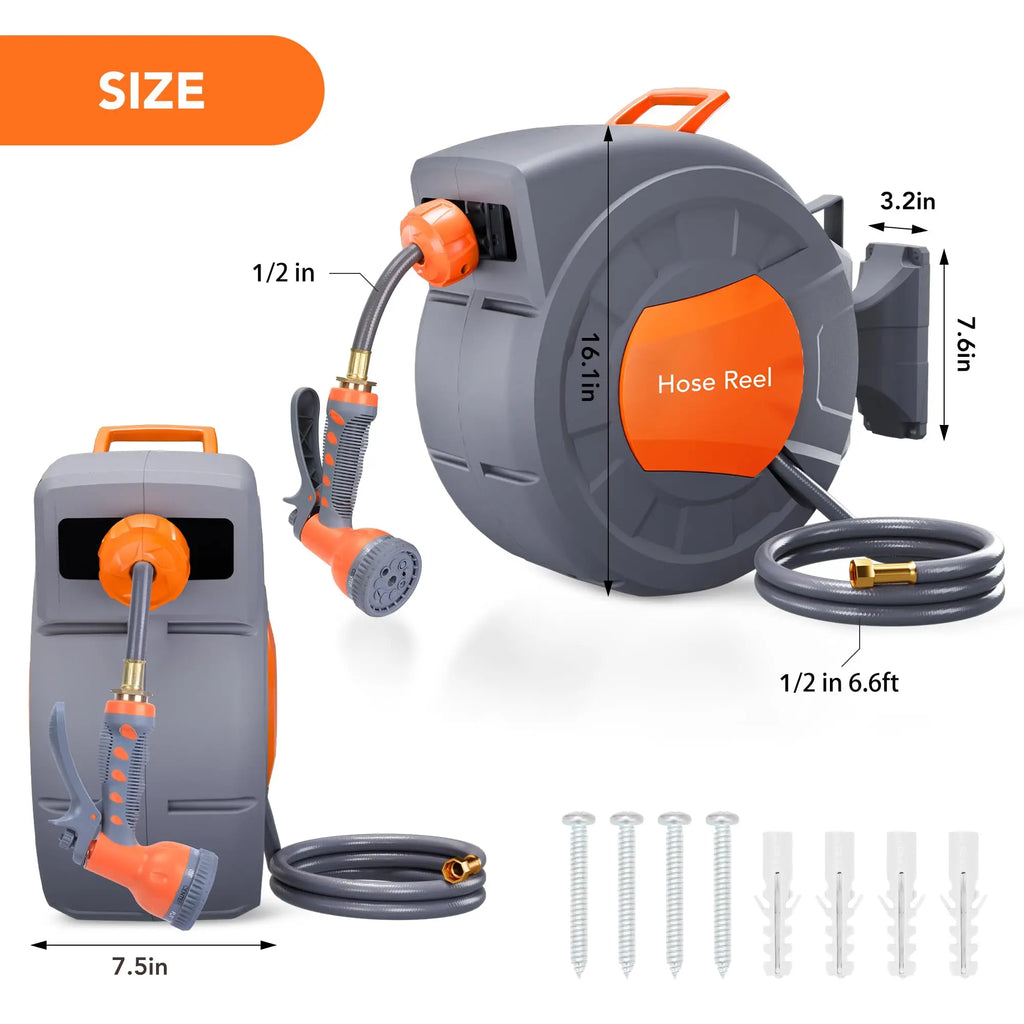 HiMiss Wall Mounted Retractable Garden Hose Reel, 1/2 in X 72/100 ft, Auto Slow Rewind, 180° Swivel, 9-Function Nozzle, Any Length Lock