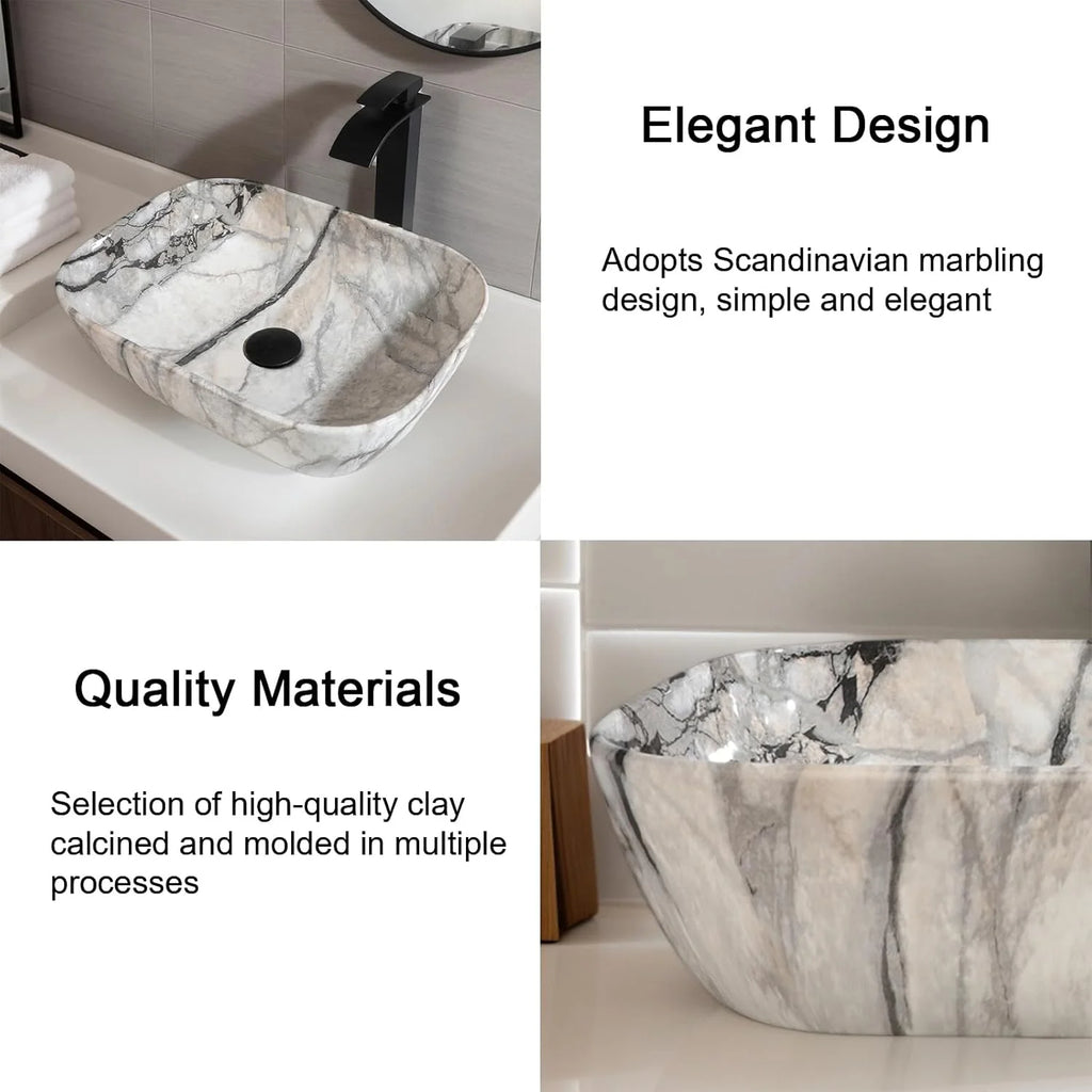 ZAPPO Artistic Marble Pattern Ceramic Sink Set, Black Matte Faucet Combo, Modern Bathroom Above-Counter Basin.