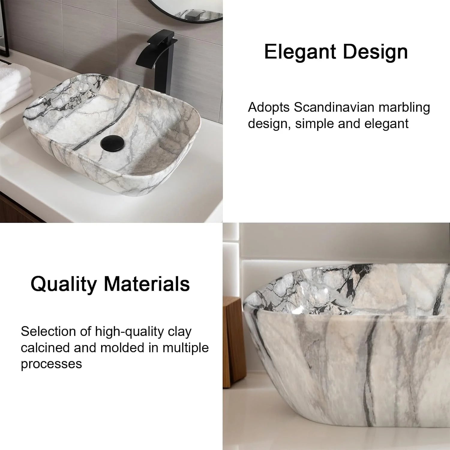 ZAPPO Artistic Marble Pattern Ceramic Sink Set, Black Matte Faucet Combo, Modern Bathroom Above-Counter Basin.