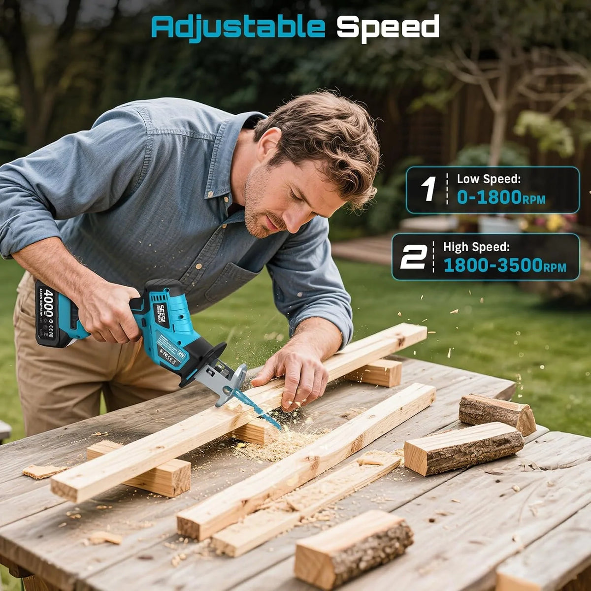 SEESII Cordless Reciprocating Saw, Variable Speed, 3500 RPM Brushless Motor, Portable Saw with 6 Saw Blades, 2 x 4.0Ah Batteries, For Wood & PVC Cutting