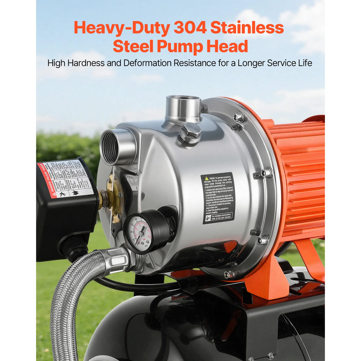 SucceBuy 1.6 HP Shallow Well Pump with Pressure Tank 120V 1320 GPH Stainless with 5Gal Pressure Tank for Home Lawn Potable Water