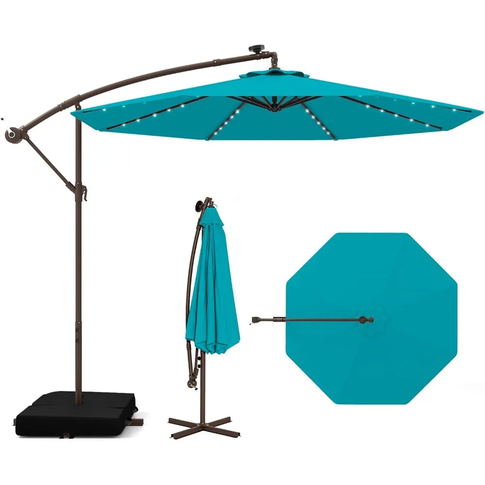 10FT Offset Patio Umbrella with Base Included, Outdoor Cantilever Umbrella with 32 Solar LED Lights, Tilt Adjustment, Crank Han