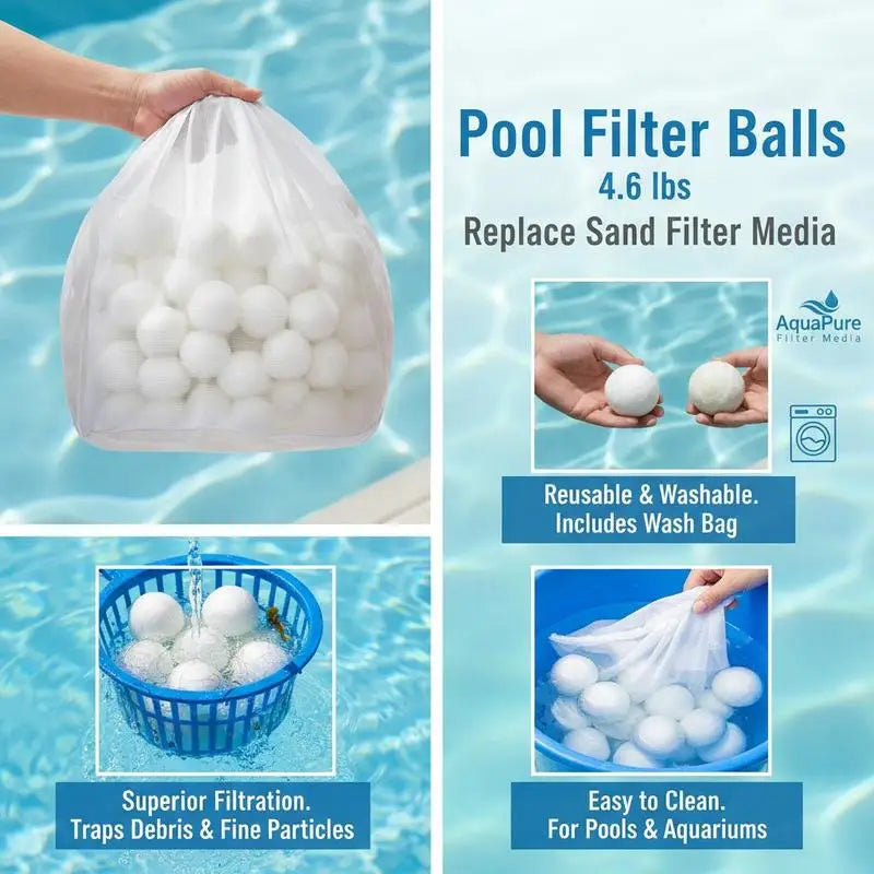 Water Purification Spheres 4.6 lbs For Swimming Pool Above Ground Pool Aquarium Tank Reusable Polyester Fiber Media Mesh Wash Bag Included