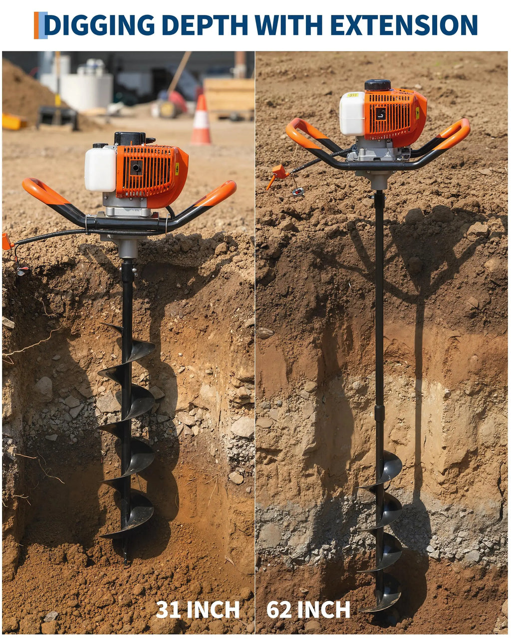 52cc Gas Powered Earth Auger Post Hole Digger With 2 Bits 6" 10" And 3 Extension Rods Heavy Duty Fence Tree Planting Tool