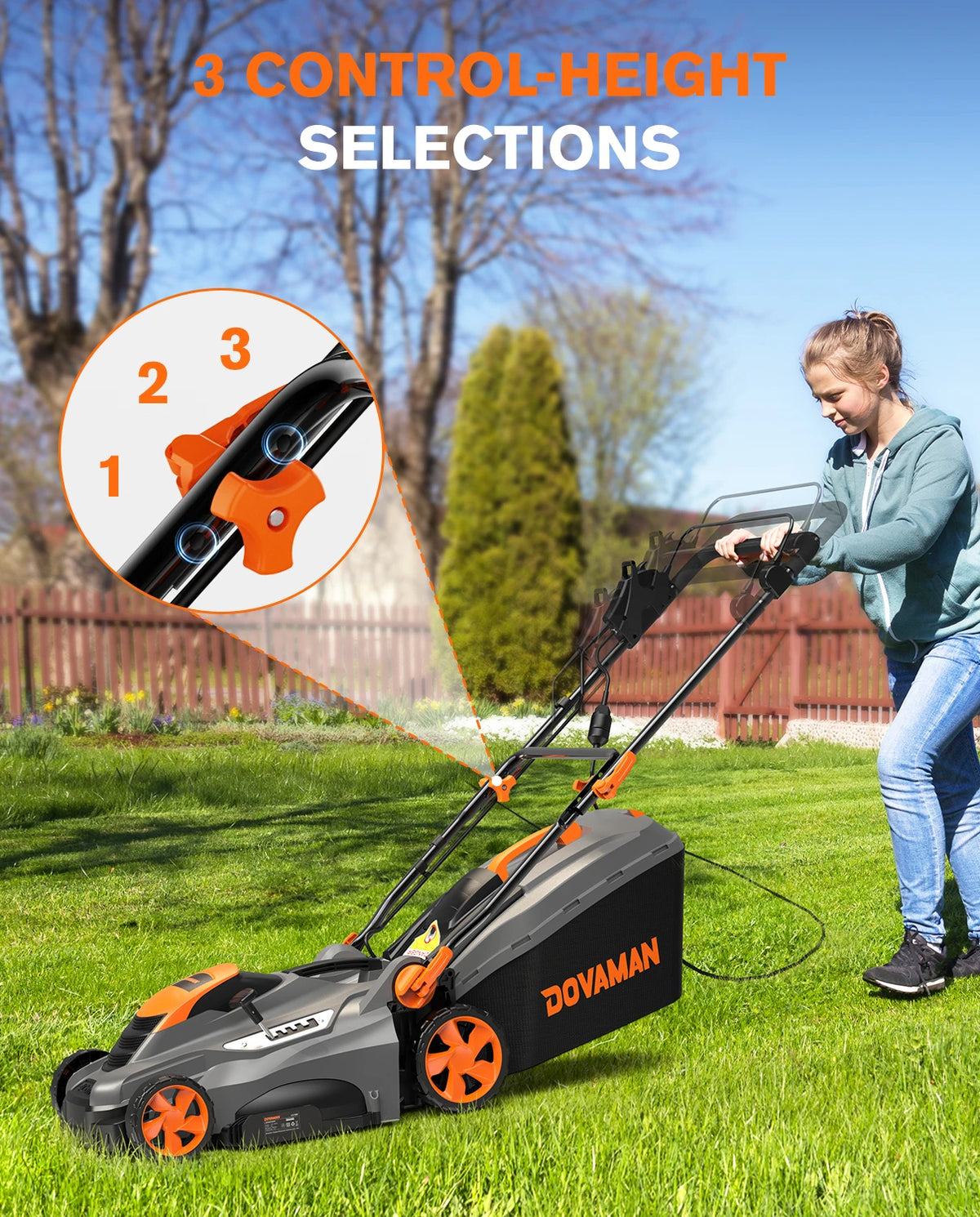 DOVAMAN 13Amp Corded Lawn Mower, 16" Steel Blade, 98% Grass Collection, Single-Lever Height Adjust, 2-in-1 Mulching & Bagging