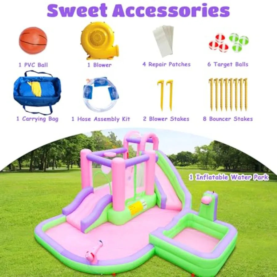 YAO HUI HUANG Backyard summer inflatable water slide bounce house with blower for 5 kids PVC material Pink, Purple, Green, Yellow splash pools & water cannon